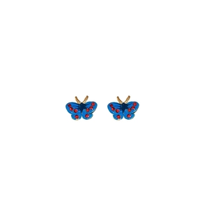 Vintage blue butterfly earrings with gold plating and red crystal details on white background