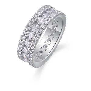 Luxurious 925 Sterling Silver Moissanite Eternity Ring For Women Triple Row Sparkling Round Moissanite Inlaid Wedding Band