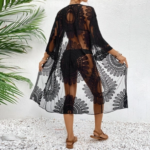 Women's black lace floral embroidery beach cover up cardigan with fringe trim