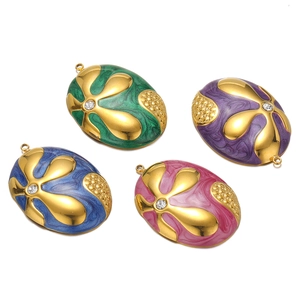Oval Floral Pendant Stainless Steel Enamel Rhinestone Vintage Charm For DIY Jewelry Making Elegant Accessory