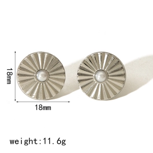 Detail of silver titanium steel disk earrings with pearl center inlay, 18mm diameter