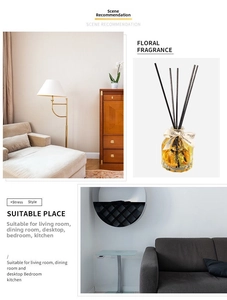 Detailed view of faceted glass reed diffuser bottle with black sticks and beige ribbon bow