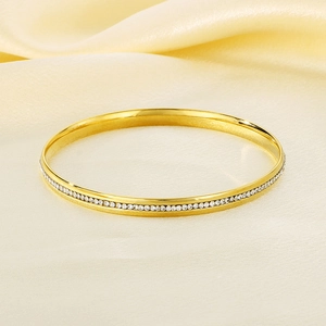 Detailed view of 5.5mm gold titanium steel bracelet with a single row of inlaid crystals