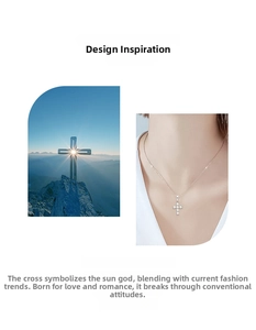 Close-up of S925 sterling silver moissanite cross pendant necklace on a model