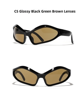 Detail of Y2K wave-shaped wraparound sunglasses in glossy black frame with brown lenses