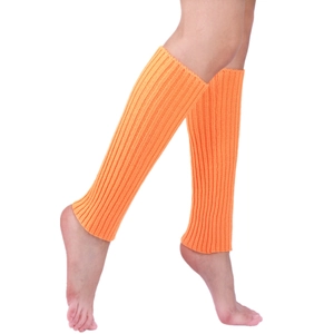 Detail of bright orange ribbed knit leg warmers showing elastic texture on model