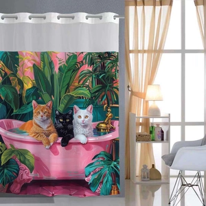 Detail of artistic cat bath pattern on waterproof polyester shower curtain with metal rings