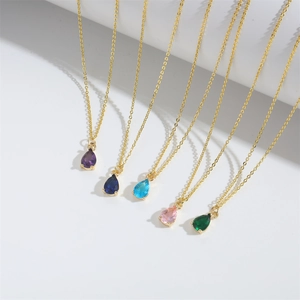 Minimalist water drop pendant necklaces in five vibrant colors with thin gold chains