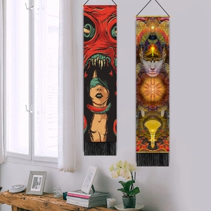 Set of 2 Zen tapestry wall hangings with bohemian prints and black tassels for home decor
