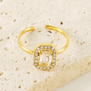 Adjustable gold stainless steel ring with rectangle zircon halo set on stone texture
