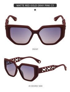Detail of matte red cat eye sunglasses with hollow geometric temple design from dual angles