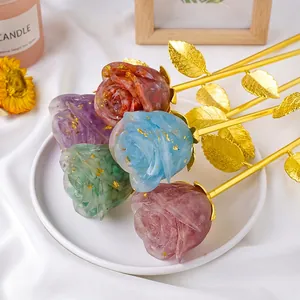 Natural crystal resin rose gift set with gold foil petals and metallic golden leaves