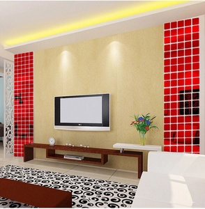Detail of red square mosaic mirror wall stickers used for DIY home living room decor