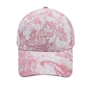 French style floral baseball cap featuring red pastoral patterns on white canvas fabric