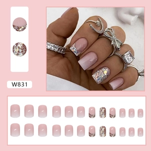 Pink gradient French press-on nails with glitter accents and gold trim 24pcs set