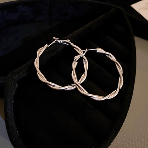 Macro detail of silver twisted hoop earrings with glossy finish on black velvet display