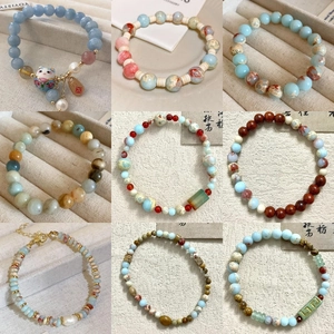 Handmade Beaded Bracelet Natural Agate Stone Crystal New Chinese Style Lucky Cat Fortune Charm Adjustable For Women
