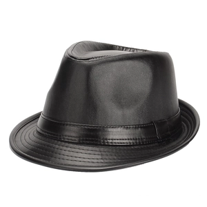 Detail of the high-quality leather texture and fine stitching on a black fedora hat