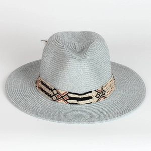 Detail of light blue straw fedora with ethnic geometric woven band for beach vacation