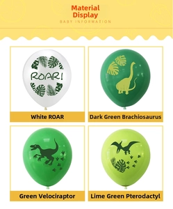 Detailed close-up of latex dinosaur balloons in white, emerald, green, and fruit green colors