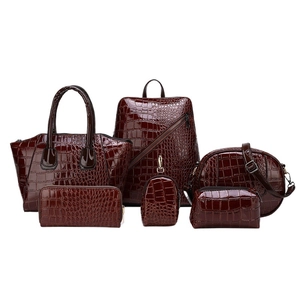 6-piece burgundy alligator pattern handbag and backpack set with polished finish