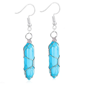Detail of wire-wrapped turquoise hexagonal prism drop earrings in silver finish