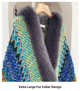 Detailed view of an oversized grey faux fur collar on a colorful wave-pattern knit shawl