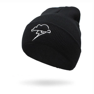 Beanie Hat Cotton Knitted Warm Winter Skull Cap With Cloud Lightning Embroidery For Men Women