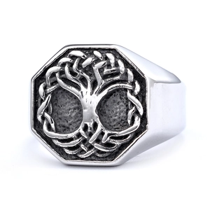 Men's punk octagon ring featuring a 3D tree of life relief in vintage stainless steel