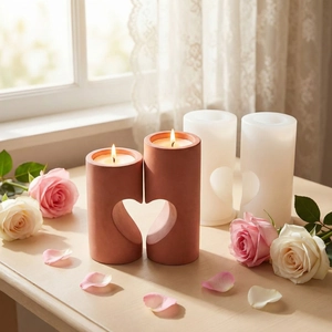 Close-up of interlocking heart-shaped resin candle holders with burning candles