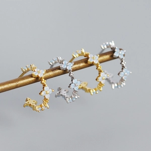 S925 silver C-shaped clover earrings with light blue opal stones in gold and silver