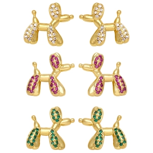 Golden balloon dog stud earrings set with colorful crystals in pink green and white