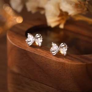 Bow Stud Earrings 925 Sterling Silver Heart Zircon Sparkling Sweet Elegant Jewelry For Women