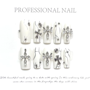 White Marble Pattern Press On Nails With Silver Metal Gothic Cross Rhinestone Artificial Pearl Coffin Shape Handmade Punk Manicure