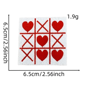 Detailed view of red heart tic-tac-toe embroidery patch with size and weight dimensions