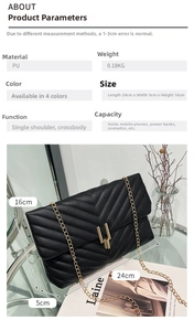 Detail of black V-quilted faux leather bag featuring a gold metal lock and chain strap
