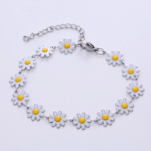 Bohemian daisy flower bracelet in titanium steel with white enamel petals and adjustable chain