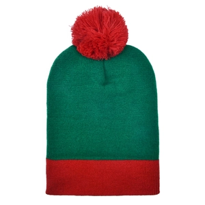 Detailed close-up of knit texture and festive red pom-pom on the Christmas beanie