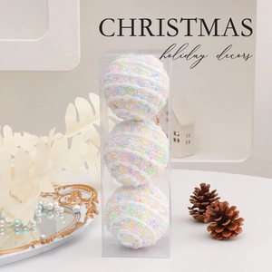Set of 3 macaron foam Christmas balls with bead textures and white wave patterns