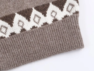 Detailed close-up of Fair Isle geometric jacquard knit pattern and ribbed cuff texture