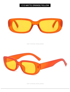 Close-up of matte orange cat-eye sunglasses with yellow lenses from multiple angles