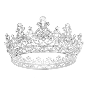 Baroque silver bridal tiara with sparkling crystal rhinestones on a white background