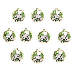Set of 10 enamel panda charms with bamboo detail in gold alloy for jewelry making