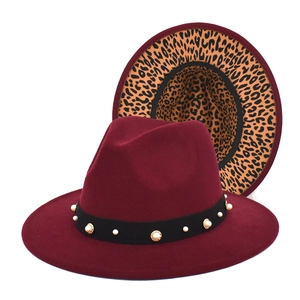 Burgundy wool fedora hat with pearl ribbon and stylish leopard print brim interior
