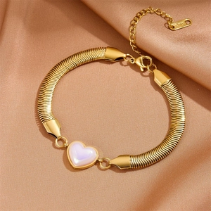 Stainless Steel Bracelet With Artificial Pearl Heart Pendant Wide Snake Chain Gold Plated Minimalist Elegant Jewelry For Women