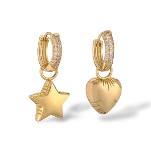 Asymmetric gold plated star and heart huggie earrings with cubic zirconia stones