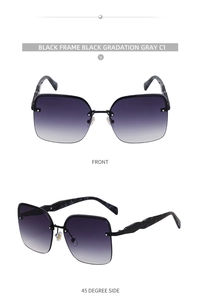 Detailed front and side view of oversized square sunglasses with black marble pattern temples