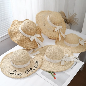 Women Straw Sun Hat Wide Brim Raffia Beach Cap With Lace Bowknot Embroidery Frayed Edge Summer Vacation Style
