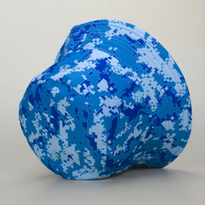 Close-up of blue and white digital camouflage pattern on a durable cotton bucket hat