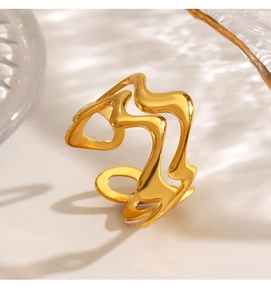 Polished 18K gold plated stainless steel ring with elegant irregular wave design detail